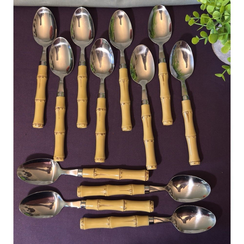 12 Vintage Rare BAMBOO by Hampton Silversmiths Stainless Flatware Plastic Handle
